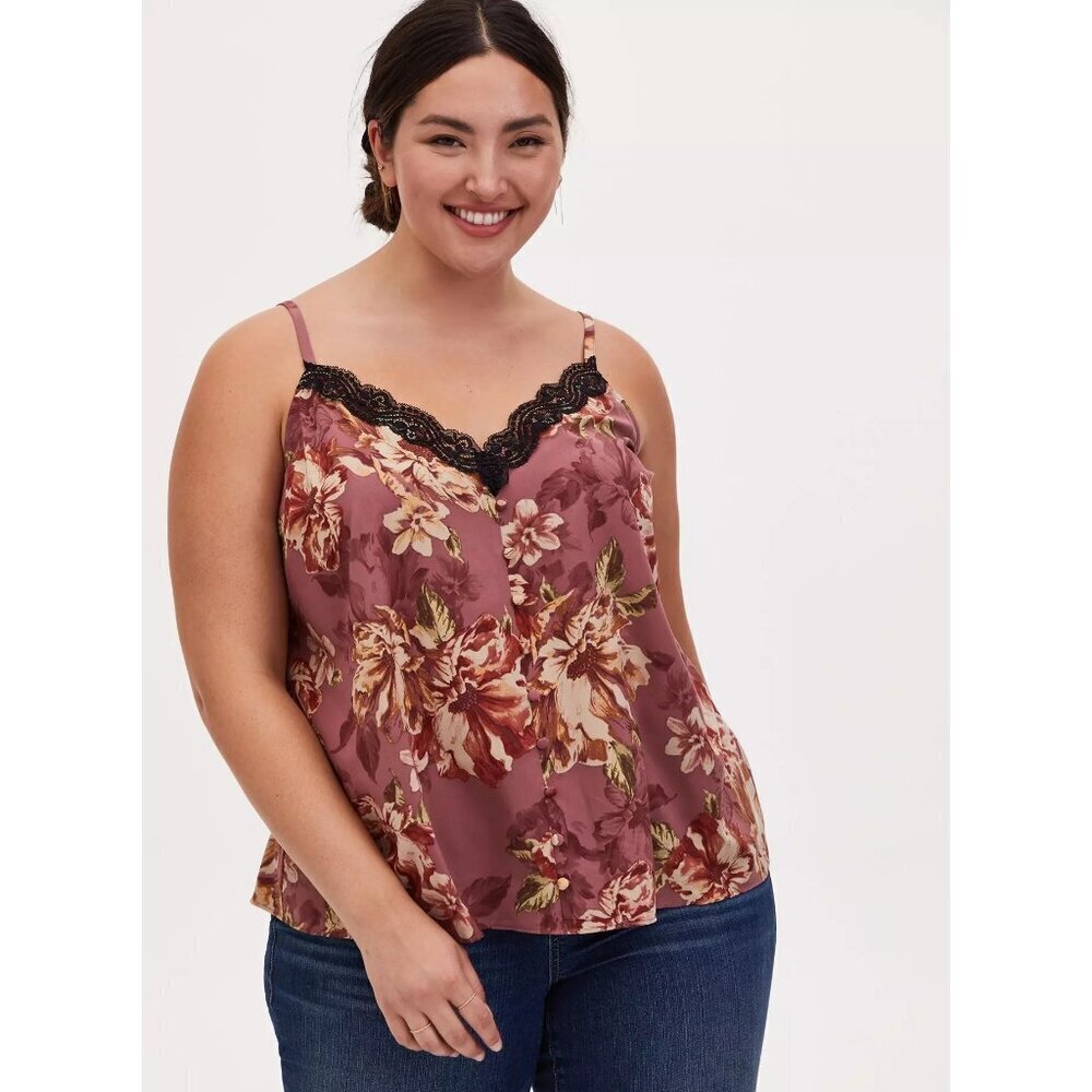 Torrid Floral Chablis Pink Lace Trim Cami Tank Top Faux Button Down Size 1X Sexy